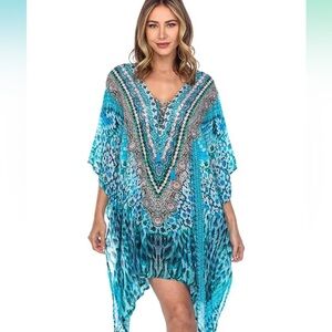 NWT True Colours by La Moda Aqua Blue Print Swim Cover Up Caftan Dress O/S